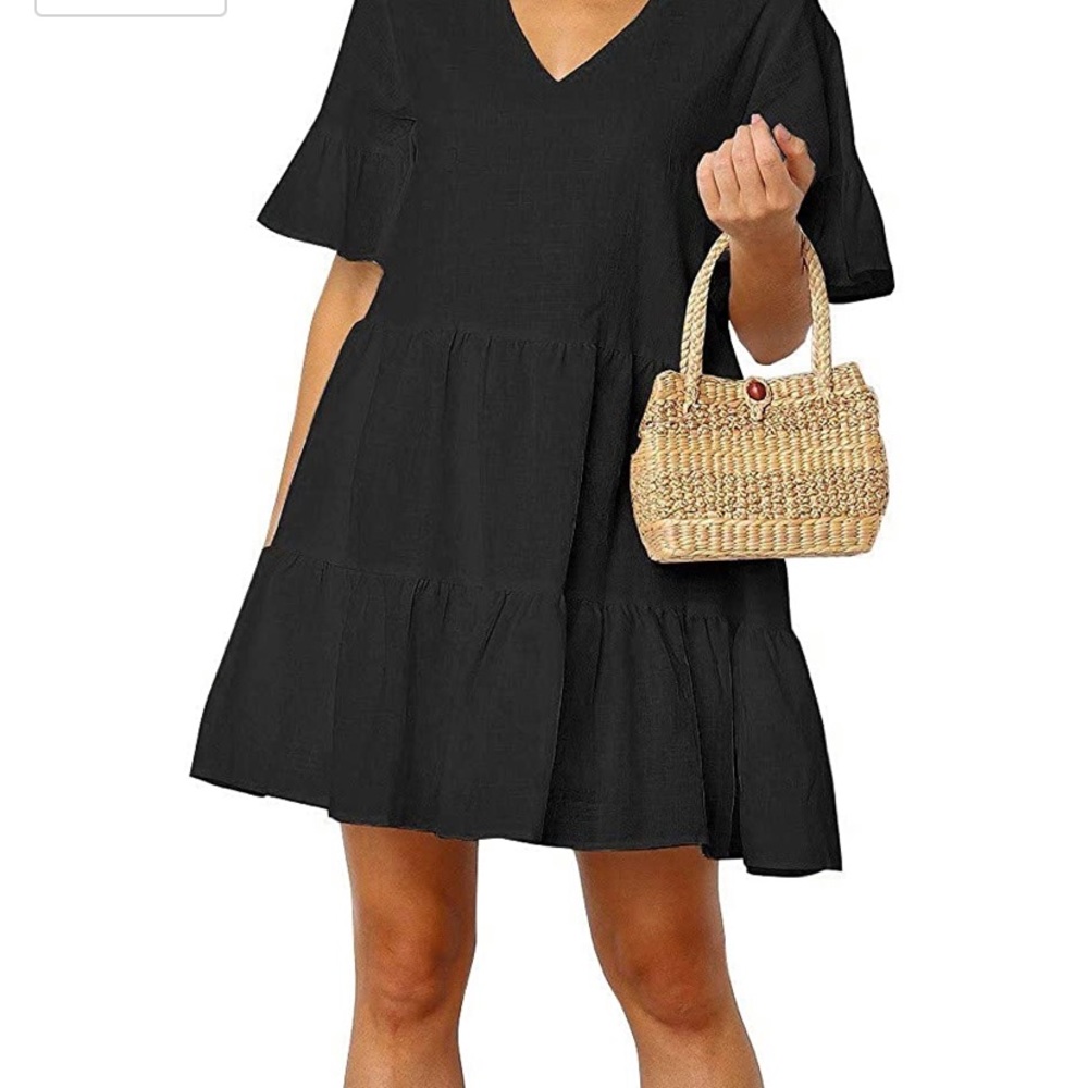 Francesca Bettini Linen Black Midi Ruffle Tier Dress